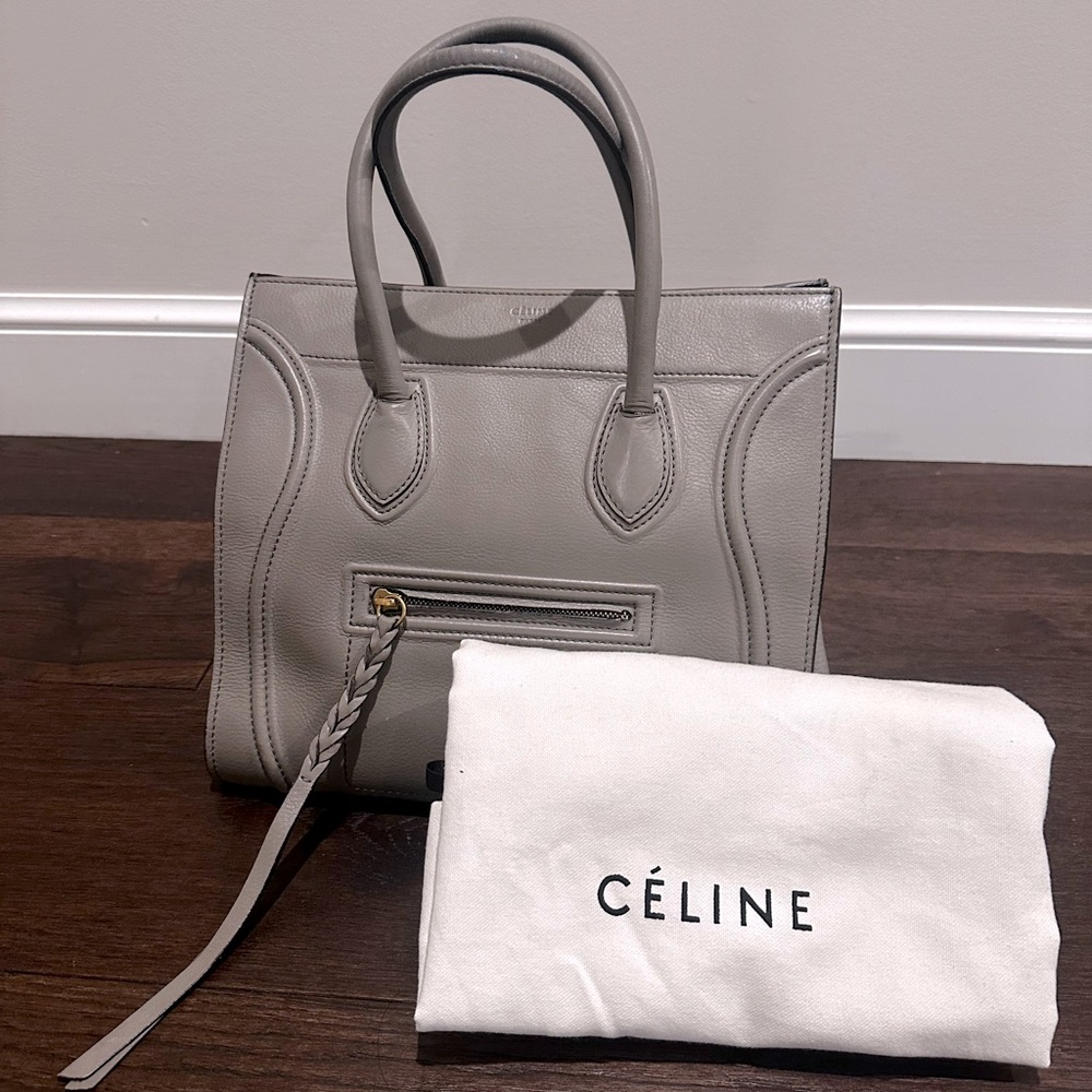Céline Micro Luggage Tote in taupe gray leather.